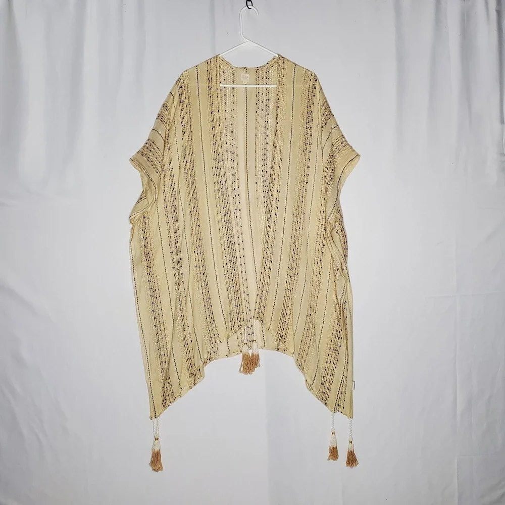 Surf Gypsy Cover Up Medium Beige Textured Stripe Tassel Boho Airy‎ Minimalist